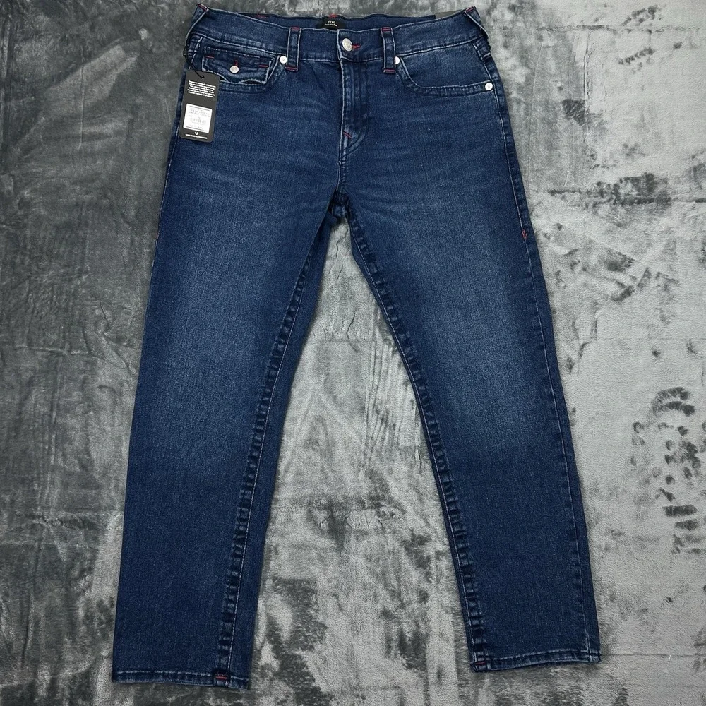NWT True‎ Religion Dark Blue Red Stitch 34X30 Geno Relaxed Big T Flap $204 new